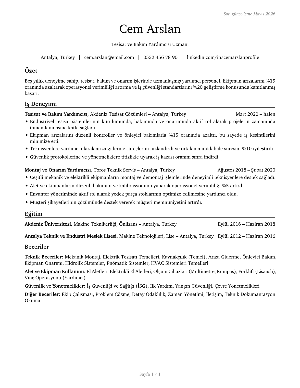 Helpers--Installation, Maintenance, and Repair Workers CV in Turkish — page 1
