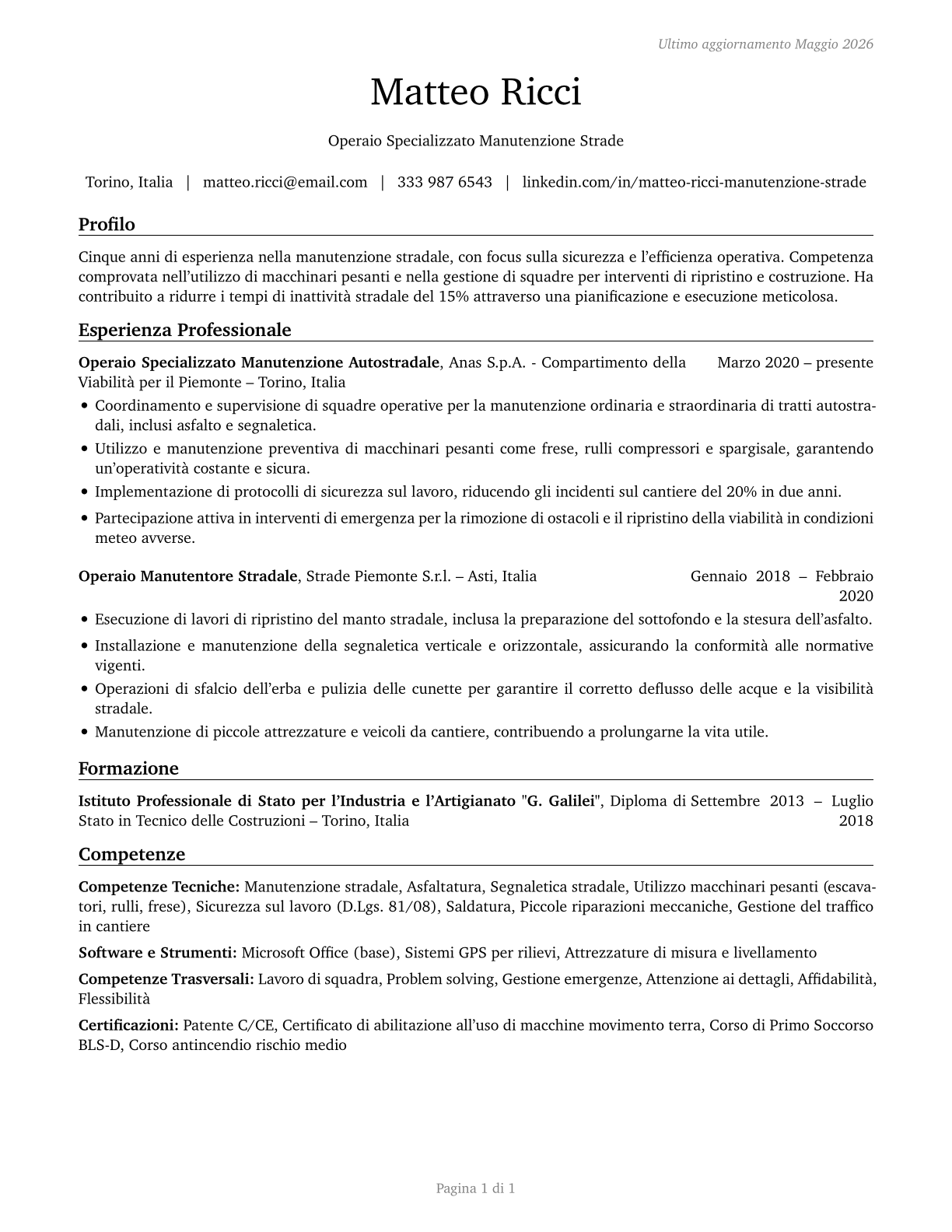 Highway Maintenance Workers CV in Italian — page 1