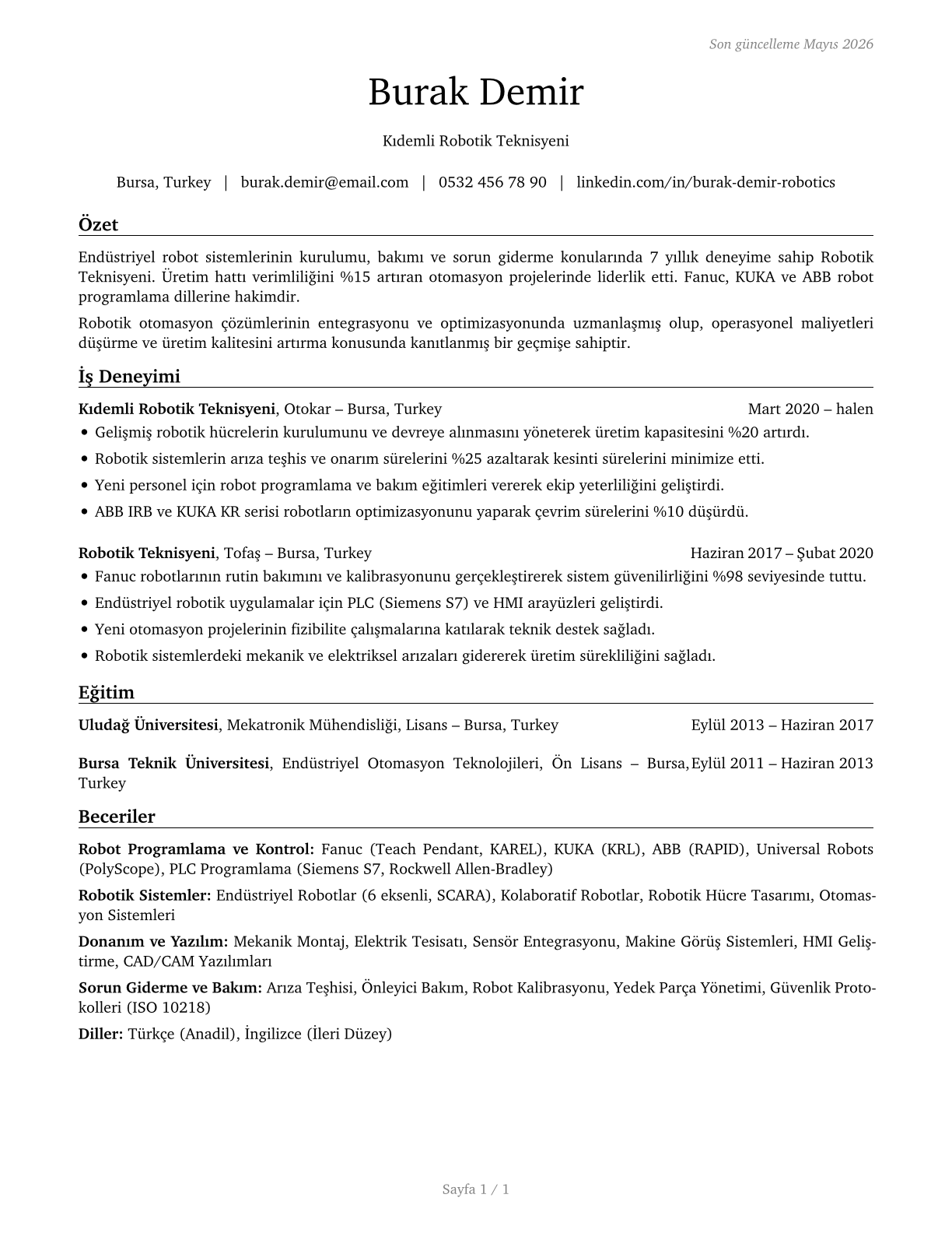 Robotics Technicians CV in Turkish — page 1