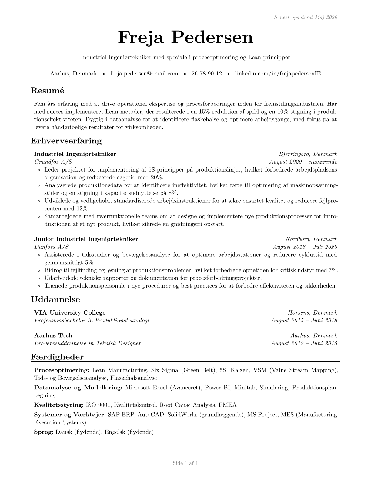 Industrial Engineering Technologists and Technicians CV in Danish — page 1