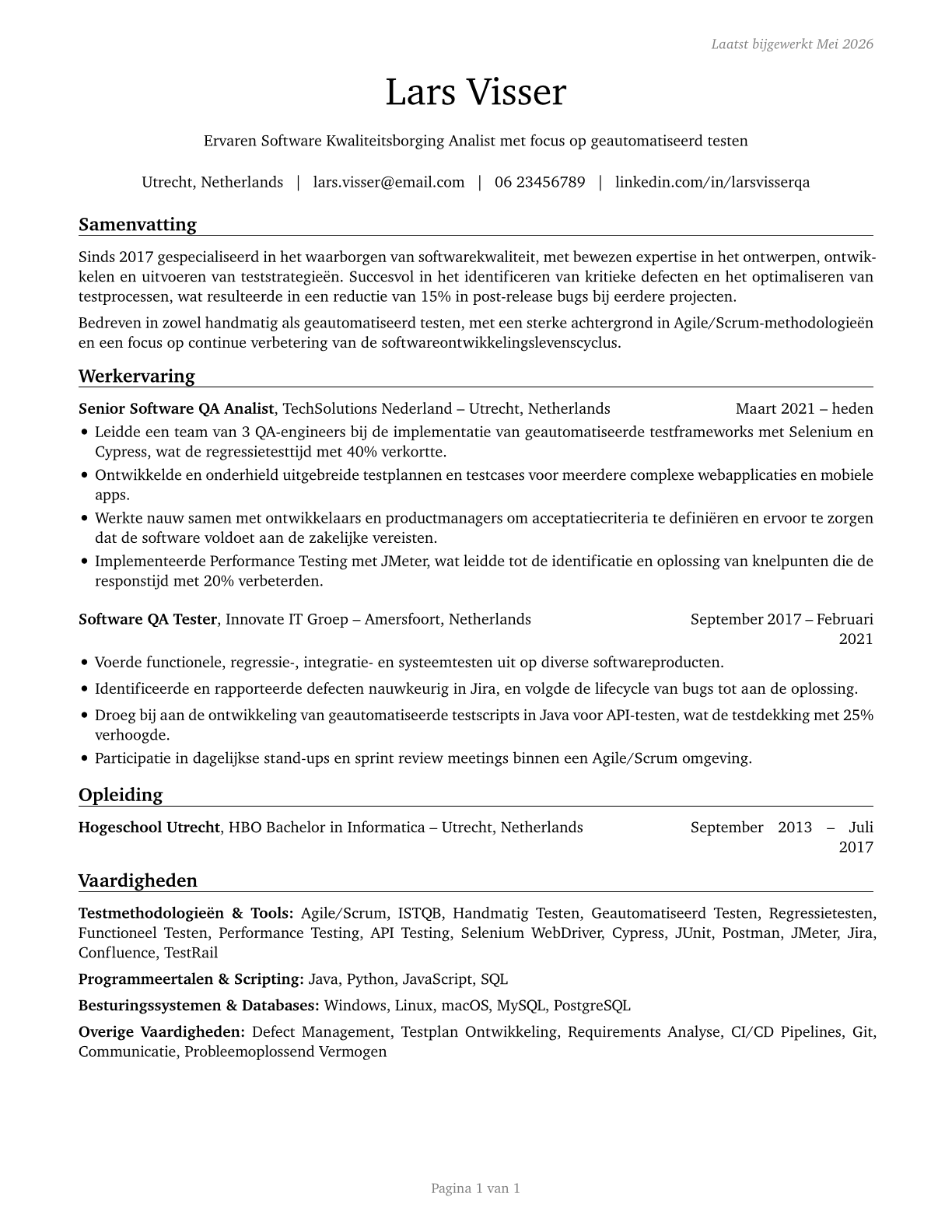 Software Quality Assurance Analysts and Testers CV in Dutch — page 1
