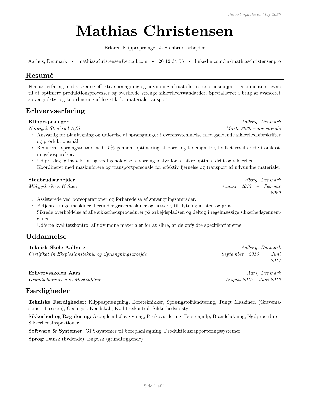 Rock Splitters, Quarry CV in Danish — page 1