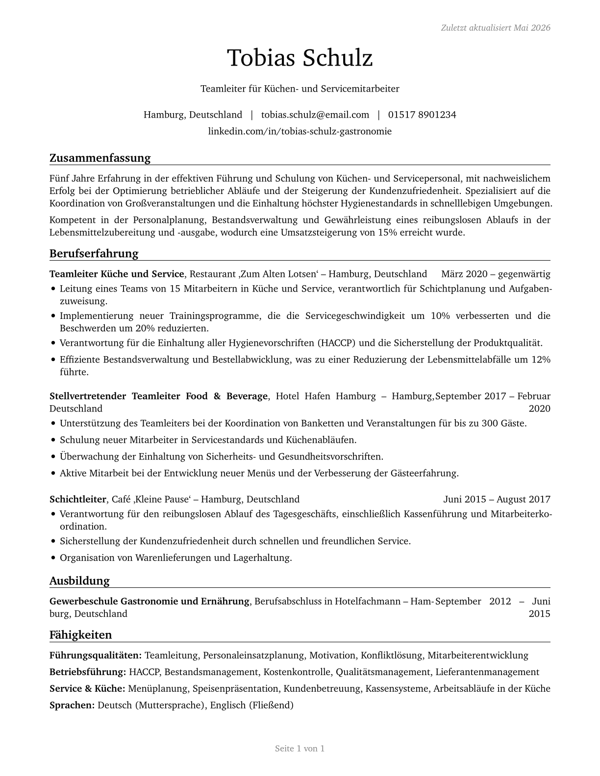 First-Line Supervisors of Food Preparation and Serving Workers CV in German — page 1