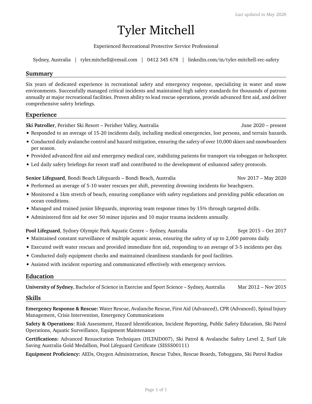 Lifeguards, Ski Patrol, and Other Recreational Protective Service Workers CV in English — page 1