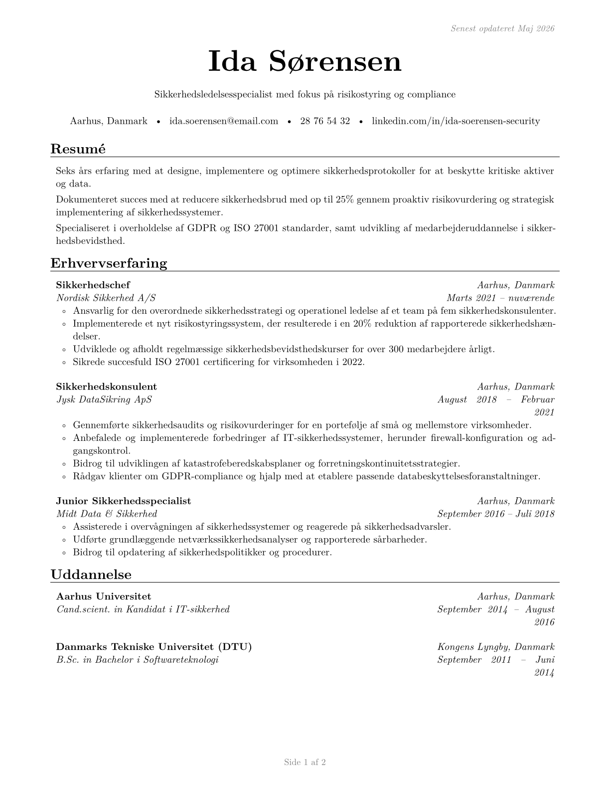 Security Management Specialists CV in Danish — page 1