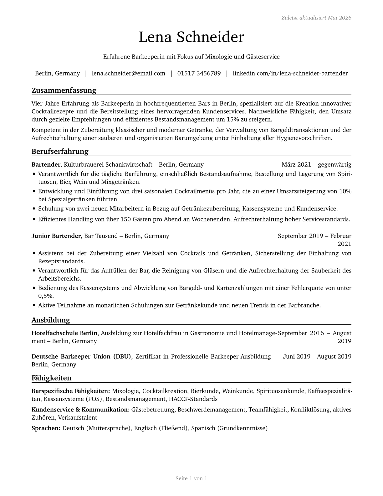 Bartenders CV in German — page 1