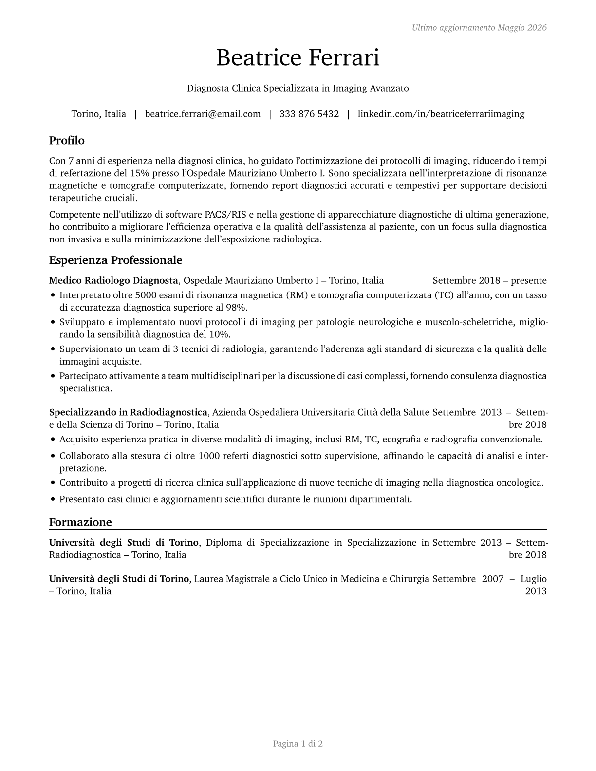 Healthcare Diagnosing or Treating Practitioners, All Other CV in Italian — page 1