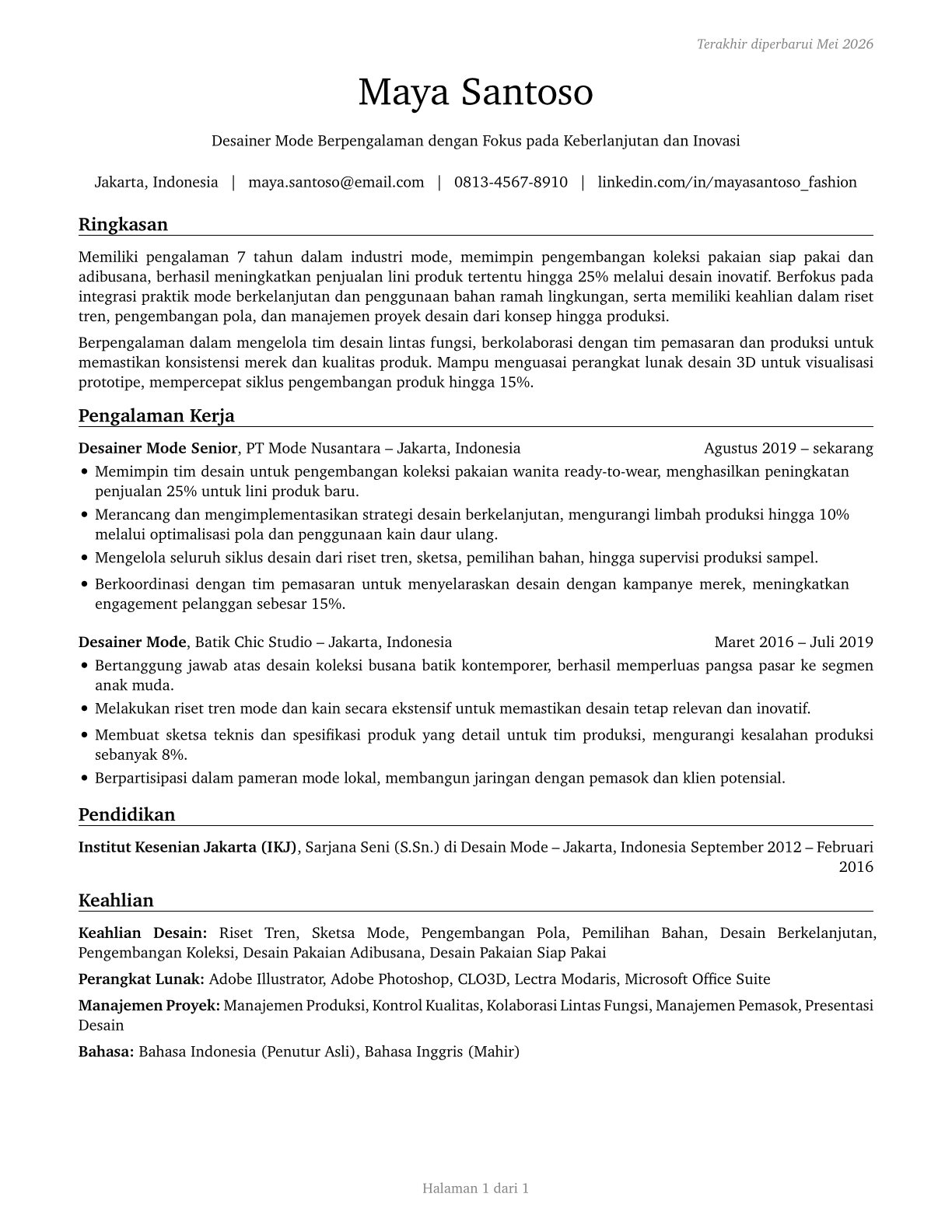 Fashion Designers CV in Indonesian — page 1