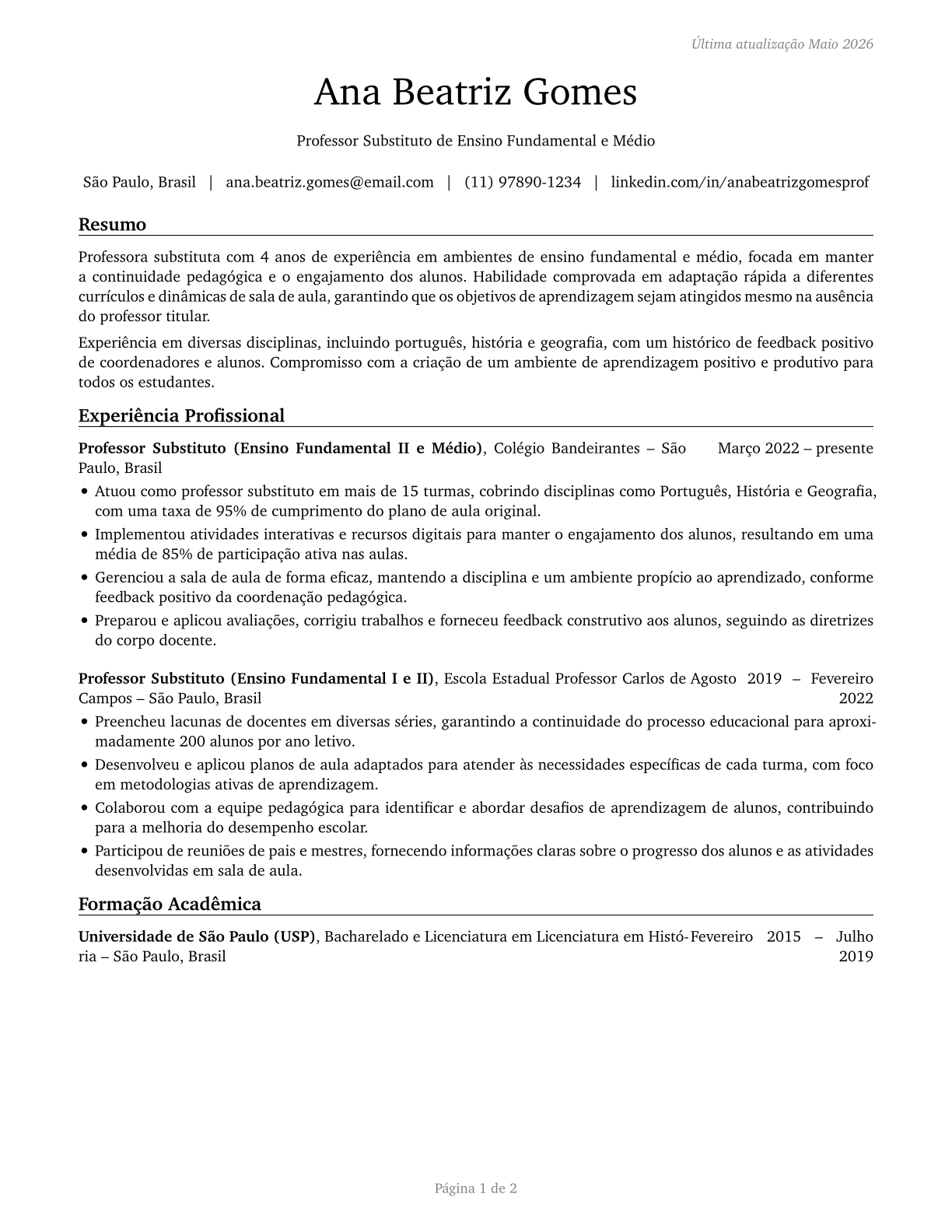 Substitute Teachers, Short-Term CV in Portuguese — page 1