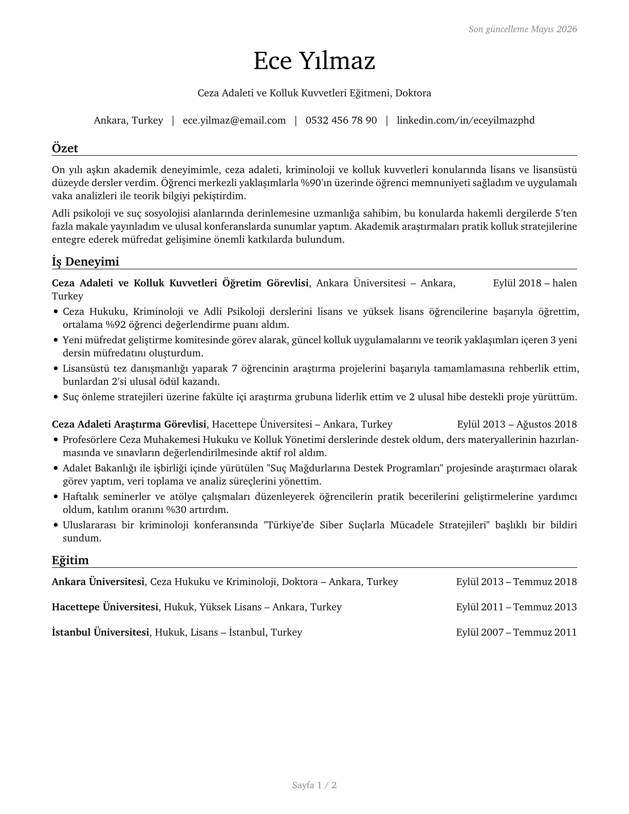 Criminal Justice and Law Enforcement Teachers, Postsecondary CV in Turkish — page 1