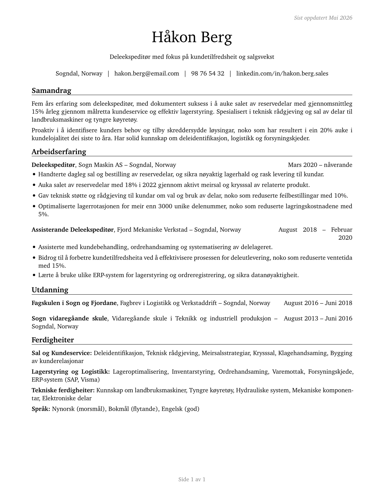 Parts Salespersons CV in Norwegian_nynorsk — page 1