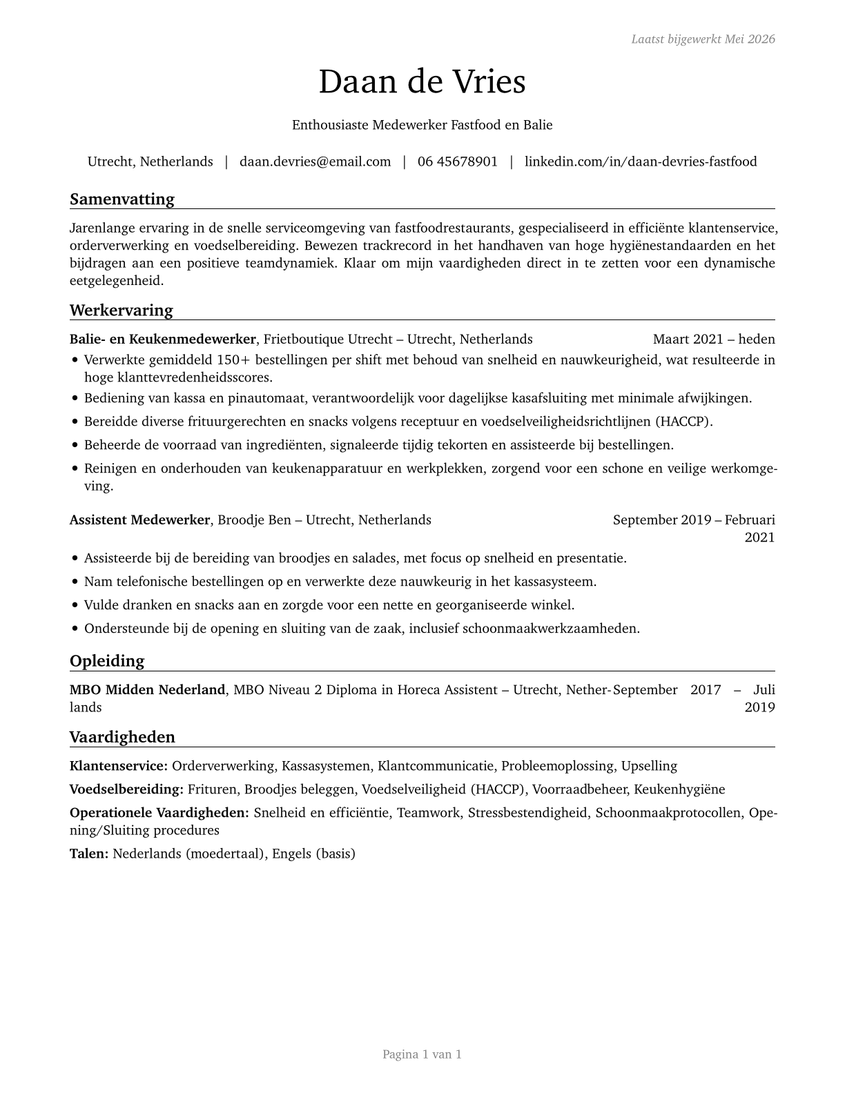 Fast Food and Counter Workers CV in Dutch — page 1