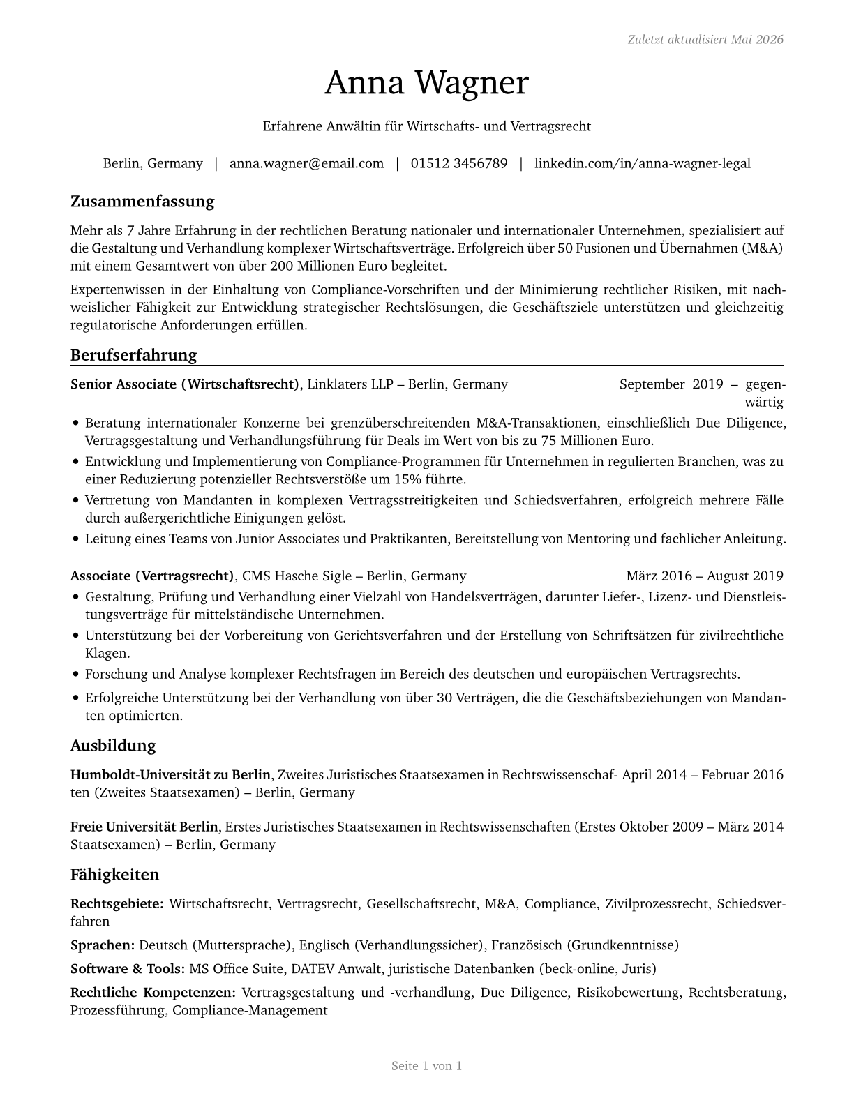 Lawyers CV in German — page 1