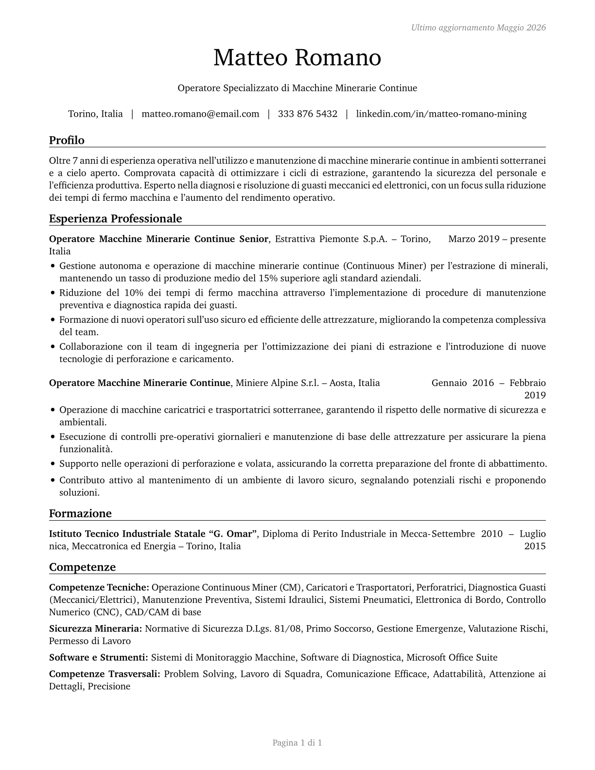 Continuous Mining Machine Operators CV in Italian — page 1