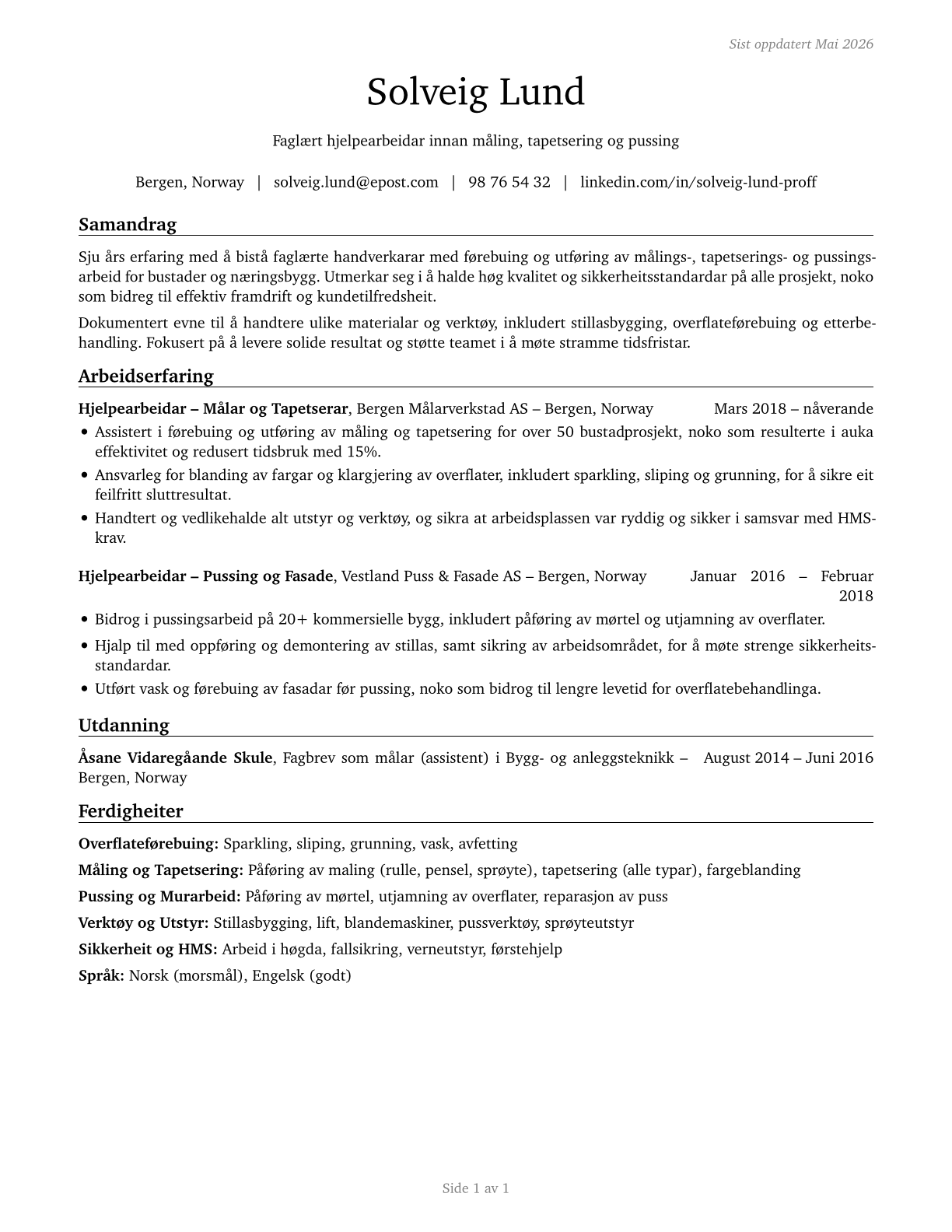 Helpers--Painters, Paperhangers, Plasterers, and Stucco Masons CV in Norwegian_nynorsk — page 1