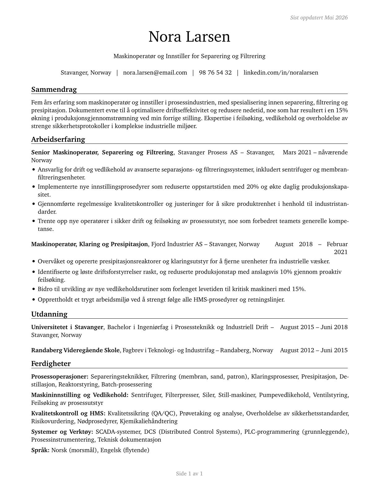 Separating, Filtering, Clarifying, Precipitating, and Still Machine Setters, Operators, and Tenders CV in Norwegian_bokmal — page 1