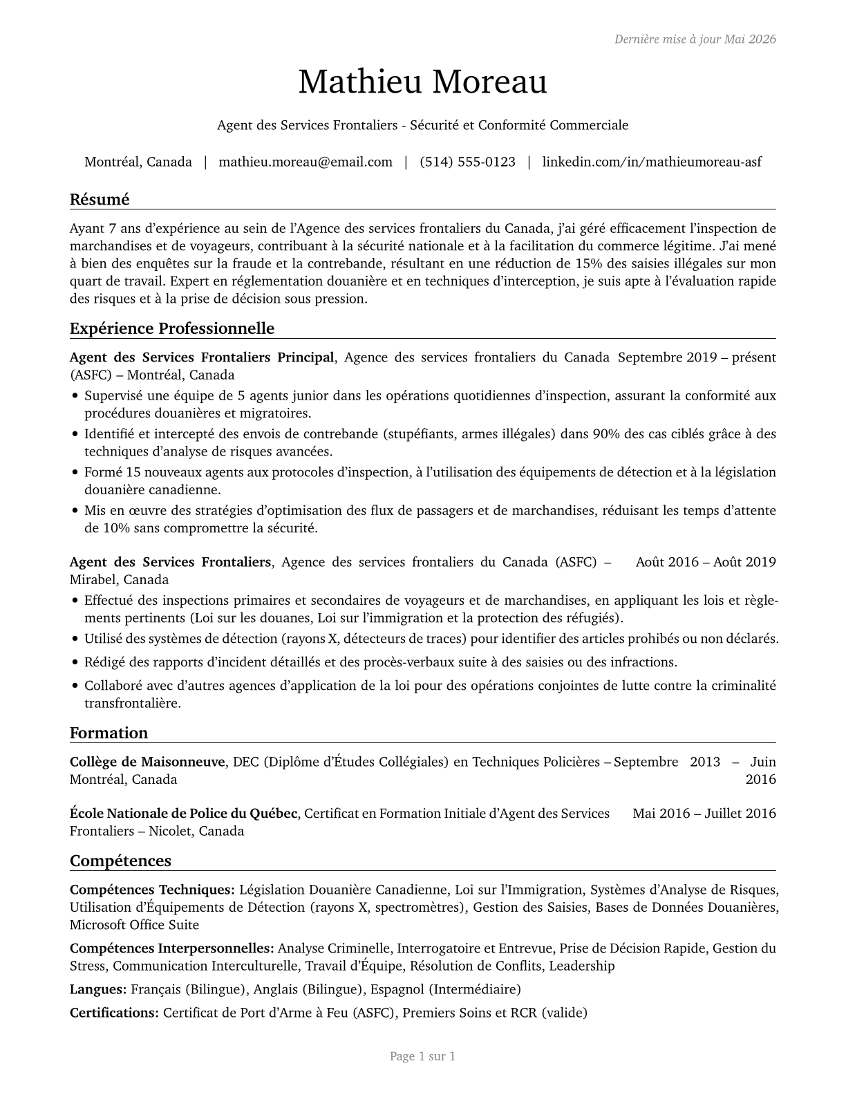 Customs and Border Protection Officers CV in French — page 1
