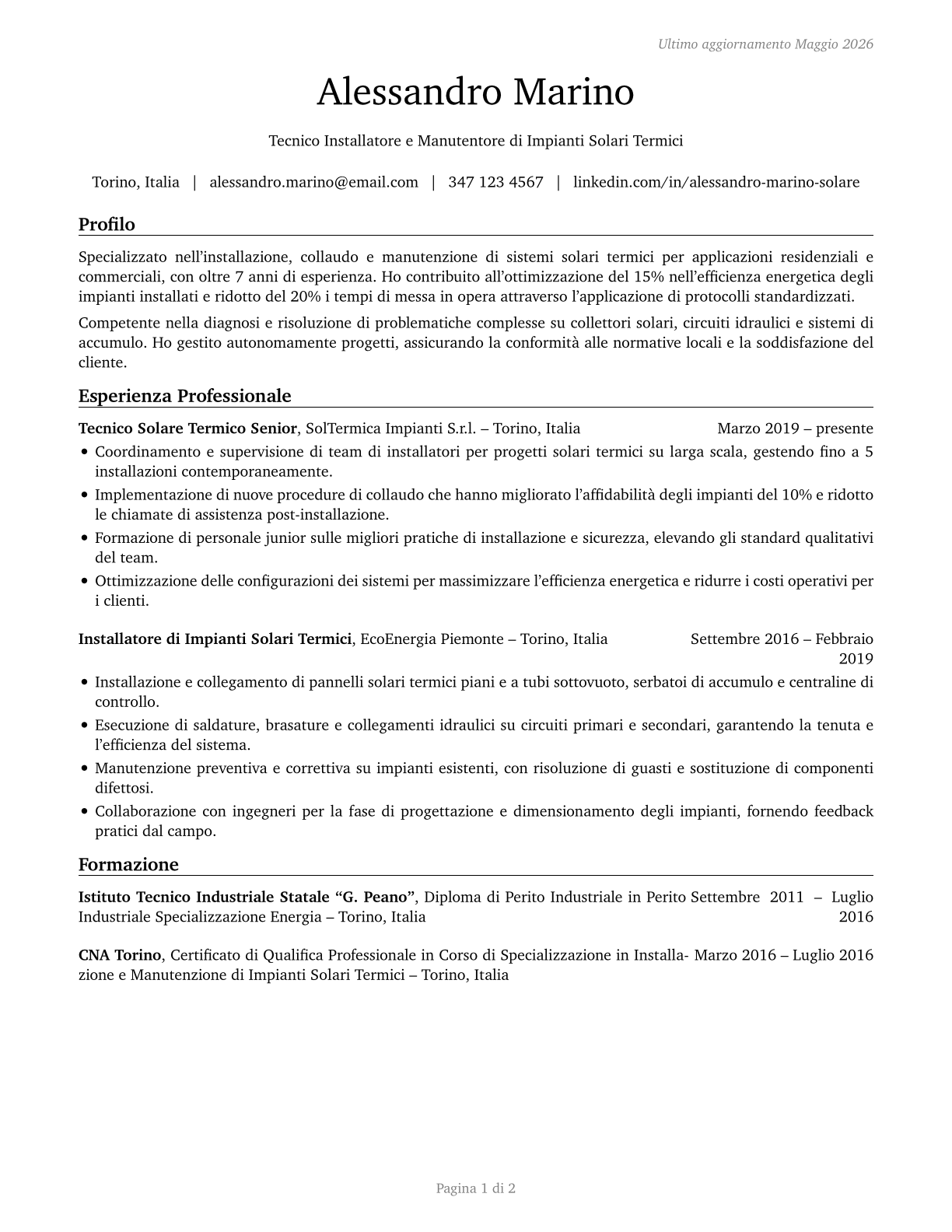 Solar Thermal Installers and Technicians CV in Italian — page 1