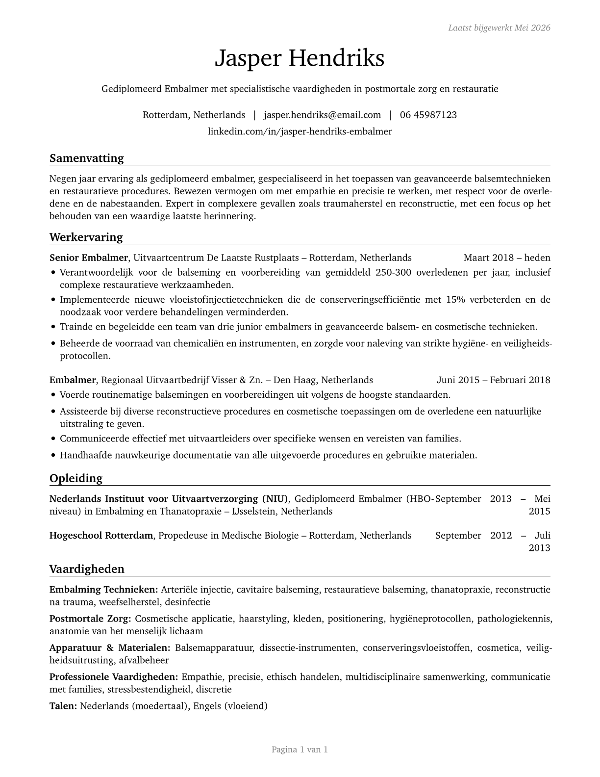 Embalmers CV in Dutch — page 1
