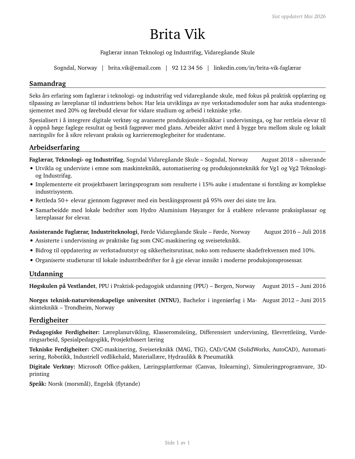 Career/Technical Education Teachers, Secondary School CV in Norwegian_nynorsk — page 1