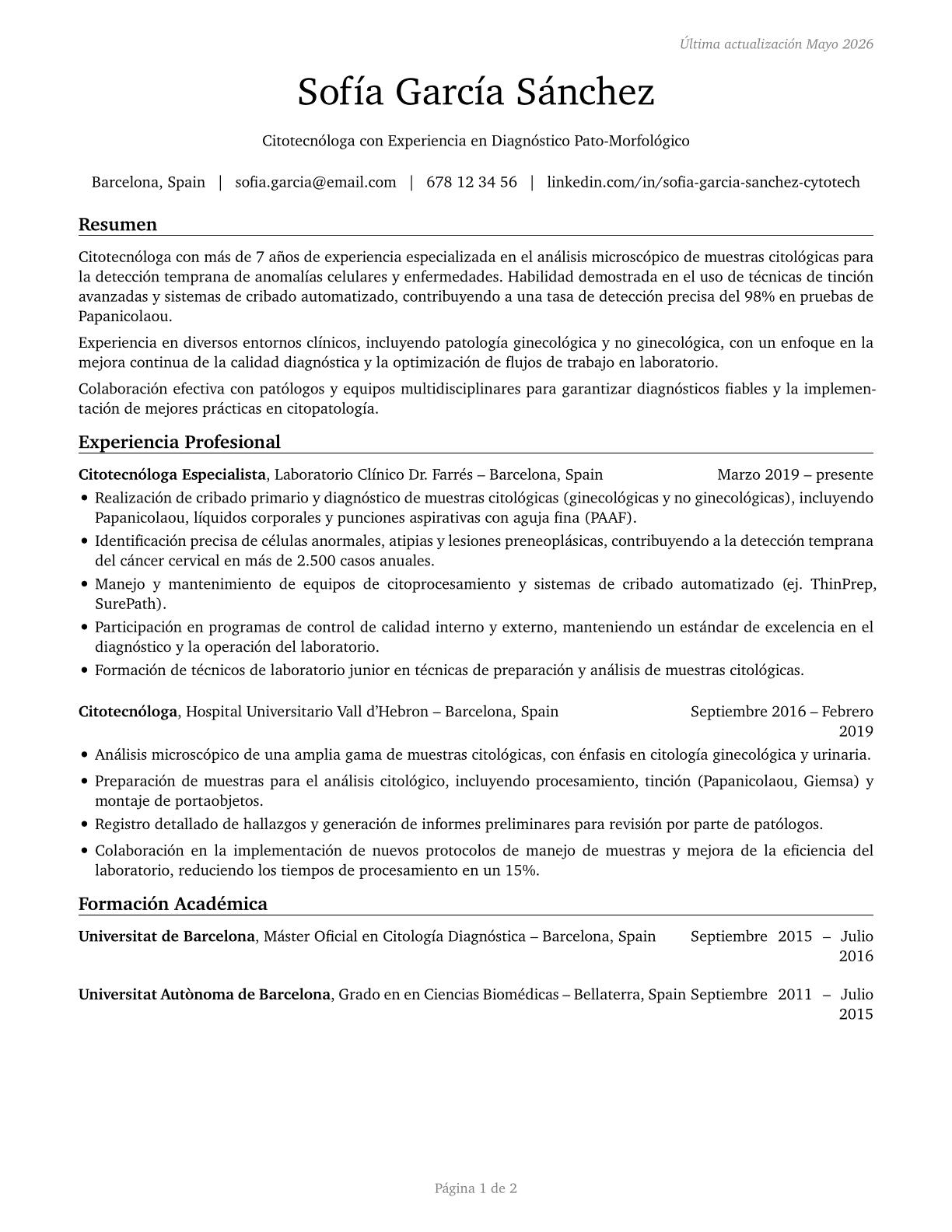 Cytotechnologists CV in Spanish — page 1