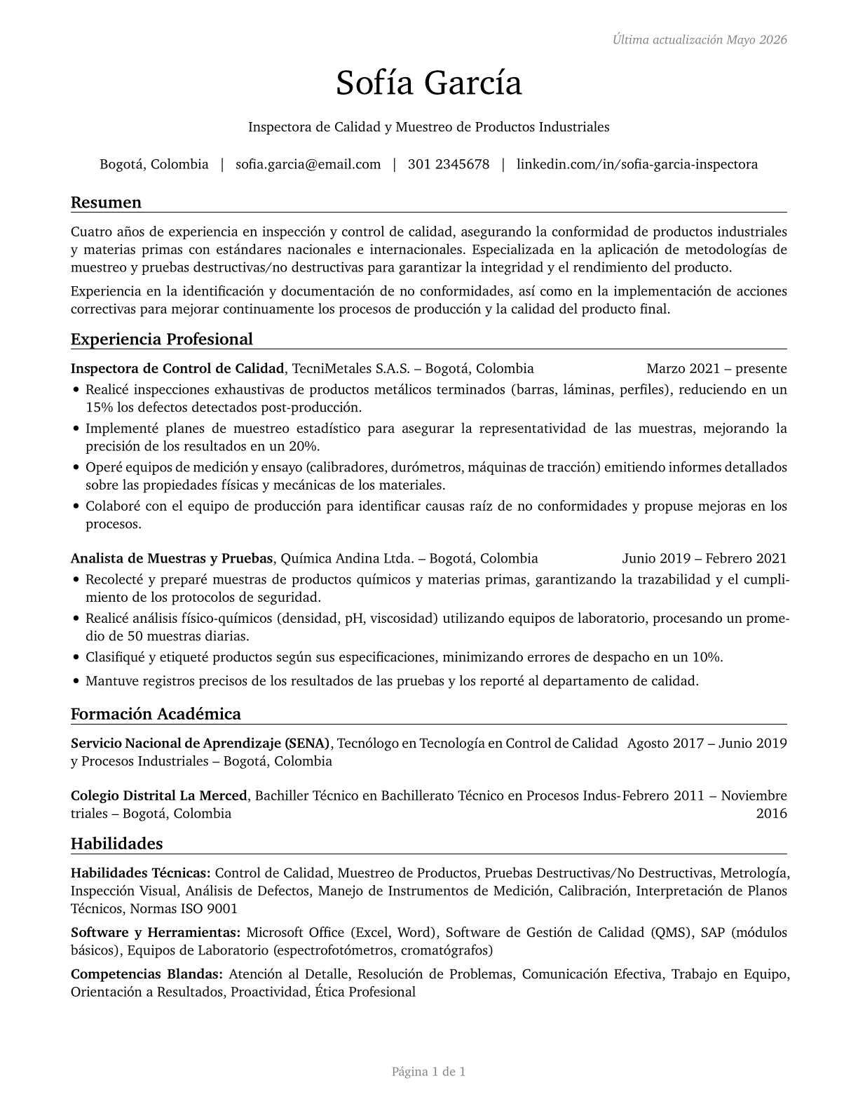 Inspectors, Testers, Sorters, Samplers, and Weighers CV in Spanish — page 1