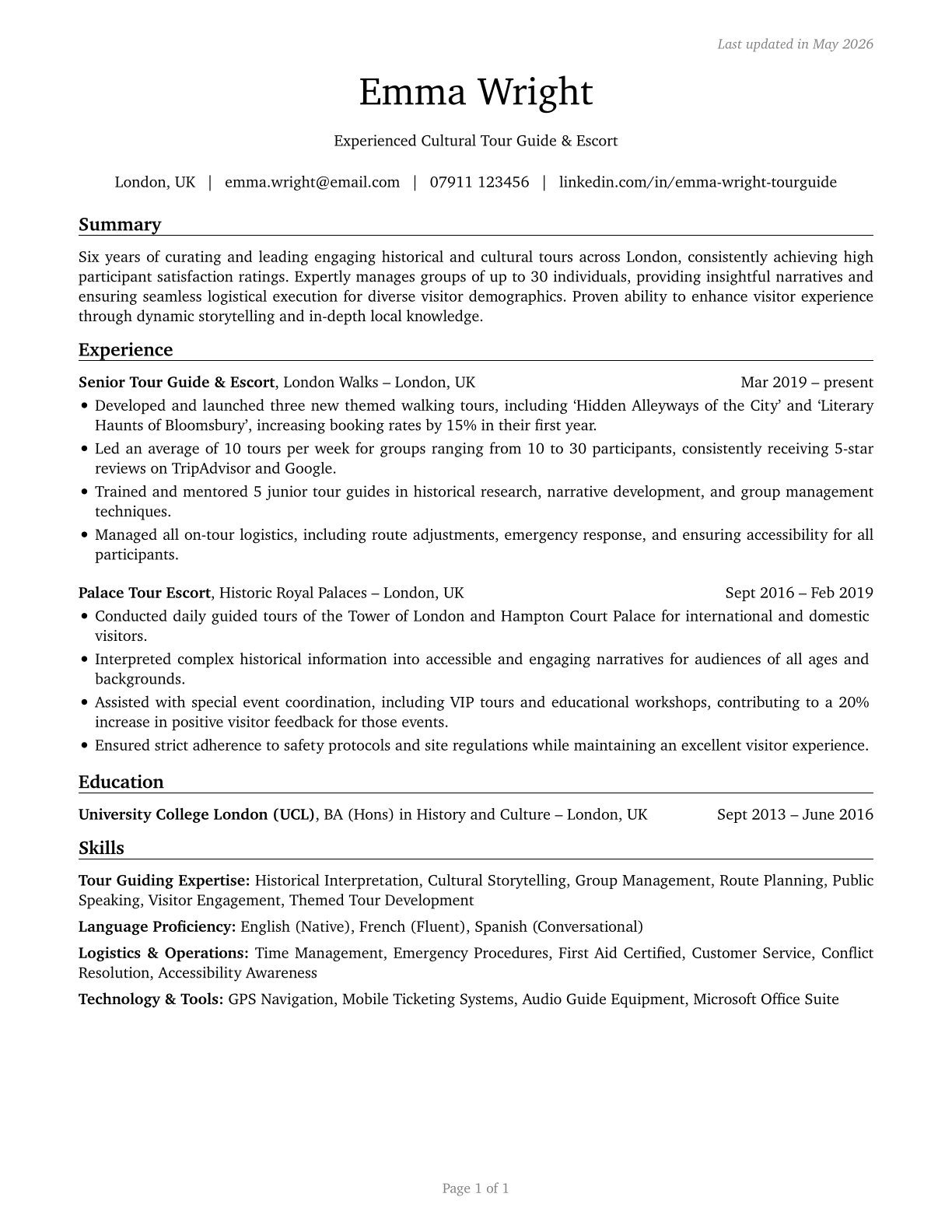 Tour Guides and Escorts CV in English — page 1