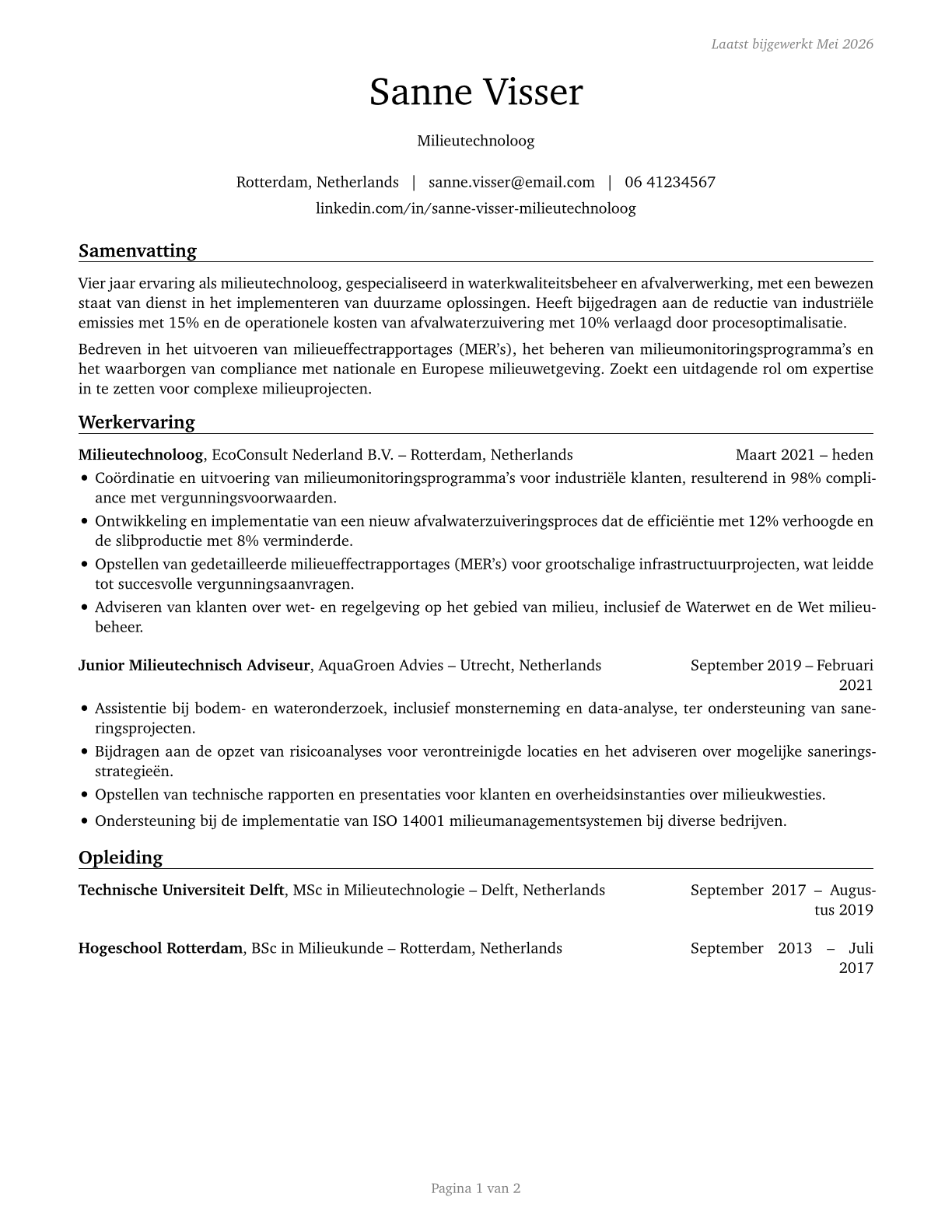 Environmental Engineering Technologists and Technicians CV in Dutch — page 1