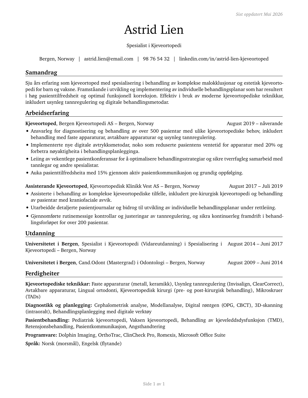 Orthodontists CV in Norwegian_nynorsk — page 1