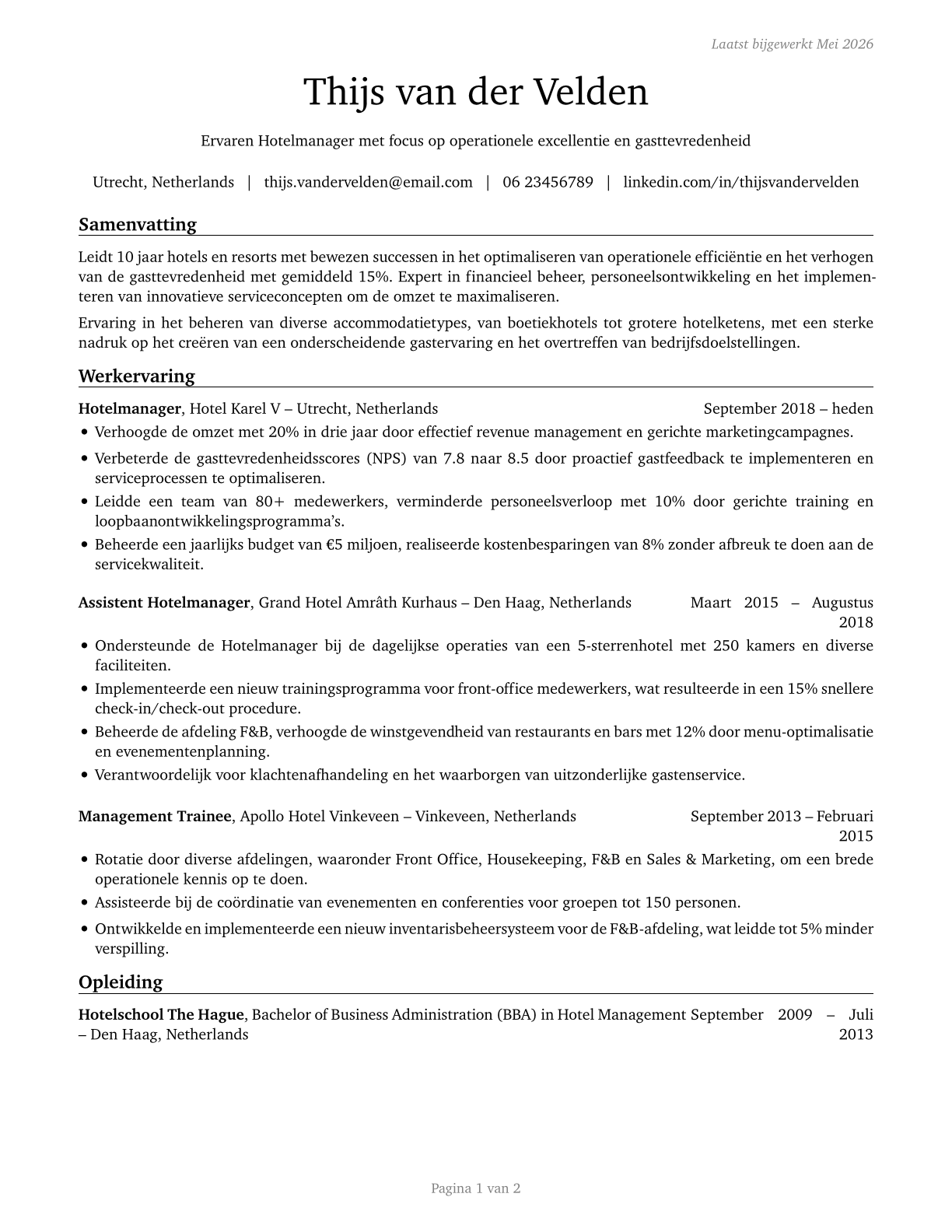 Lodging Managers CV in Dutch — page 1