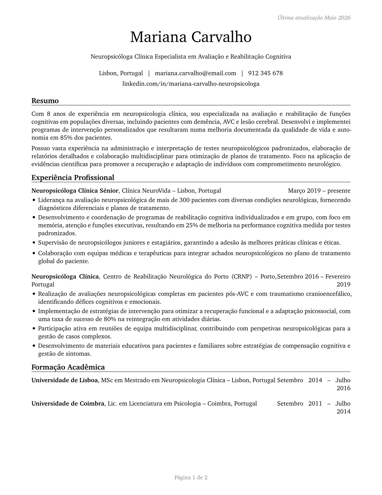 Clinical Neuropsychologists CV in Portuguese — page 1
