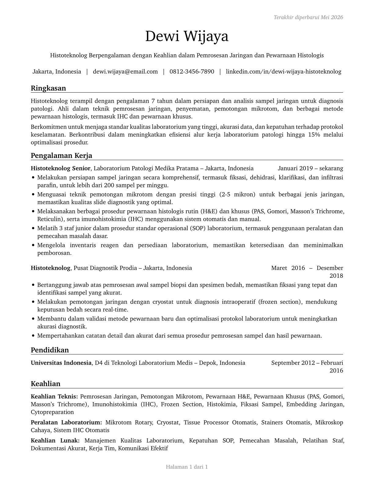 Histotechnologists CV in Indonesian — page 1