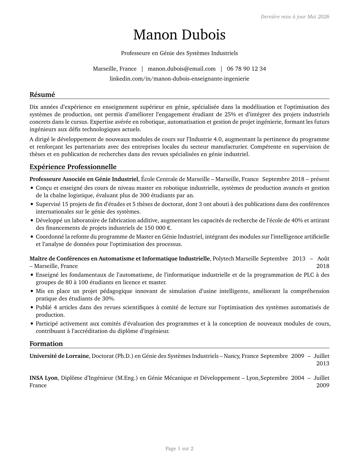 Engineering Teachers, Postsecondary CV in French — page 1