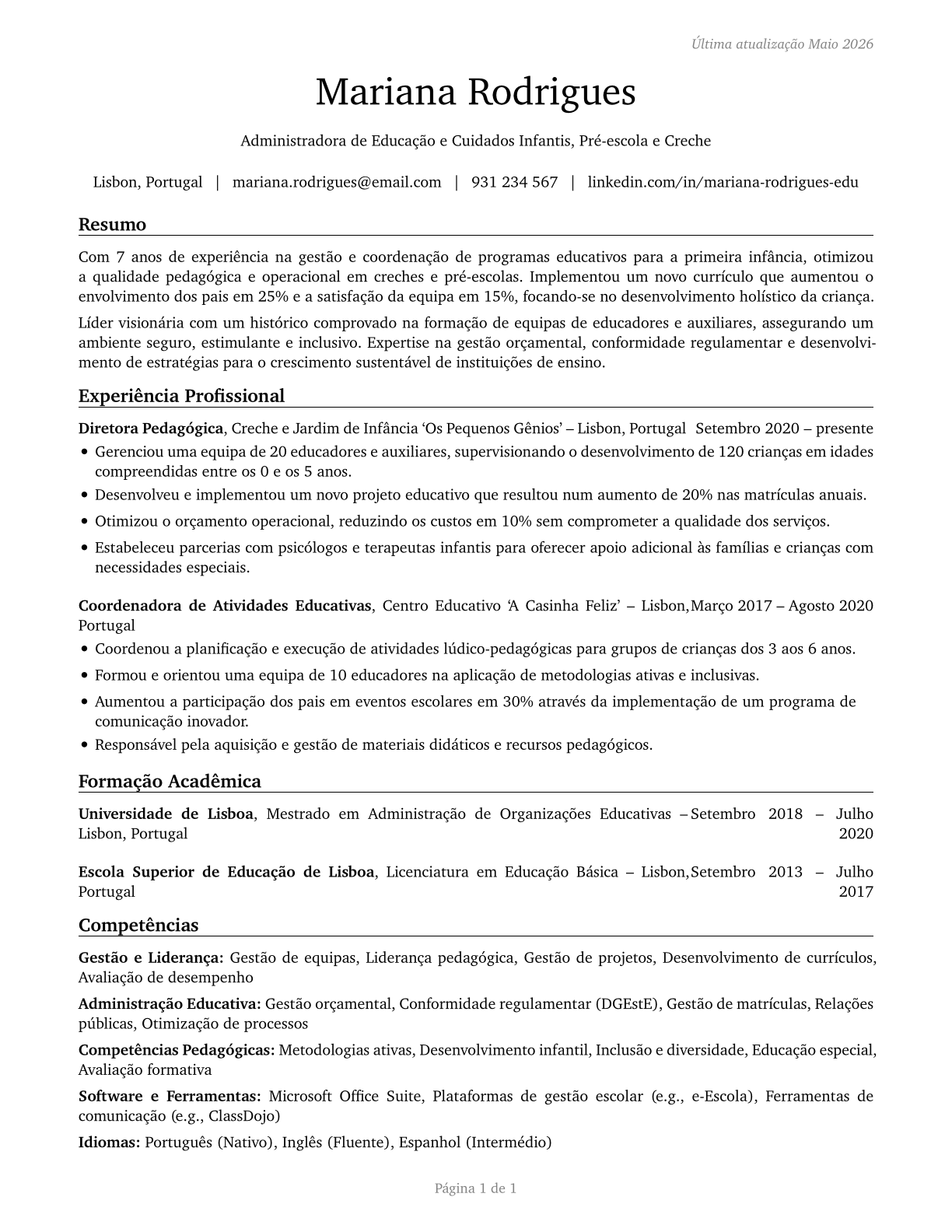 Education and Childcare Administrators, Preschool and Daycare CV in Portuguese — page 1