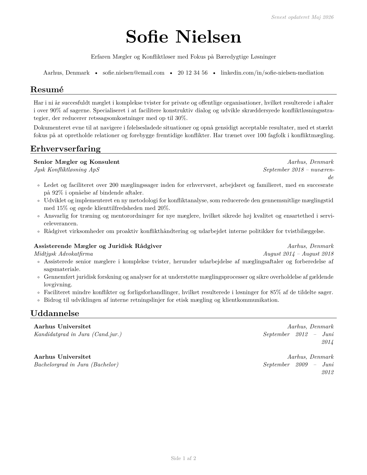 Arbitrators, Mediators, and Conciliators CV in Danish — page 1