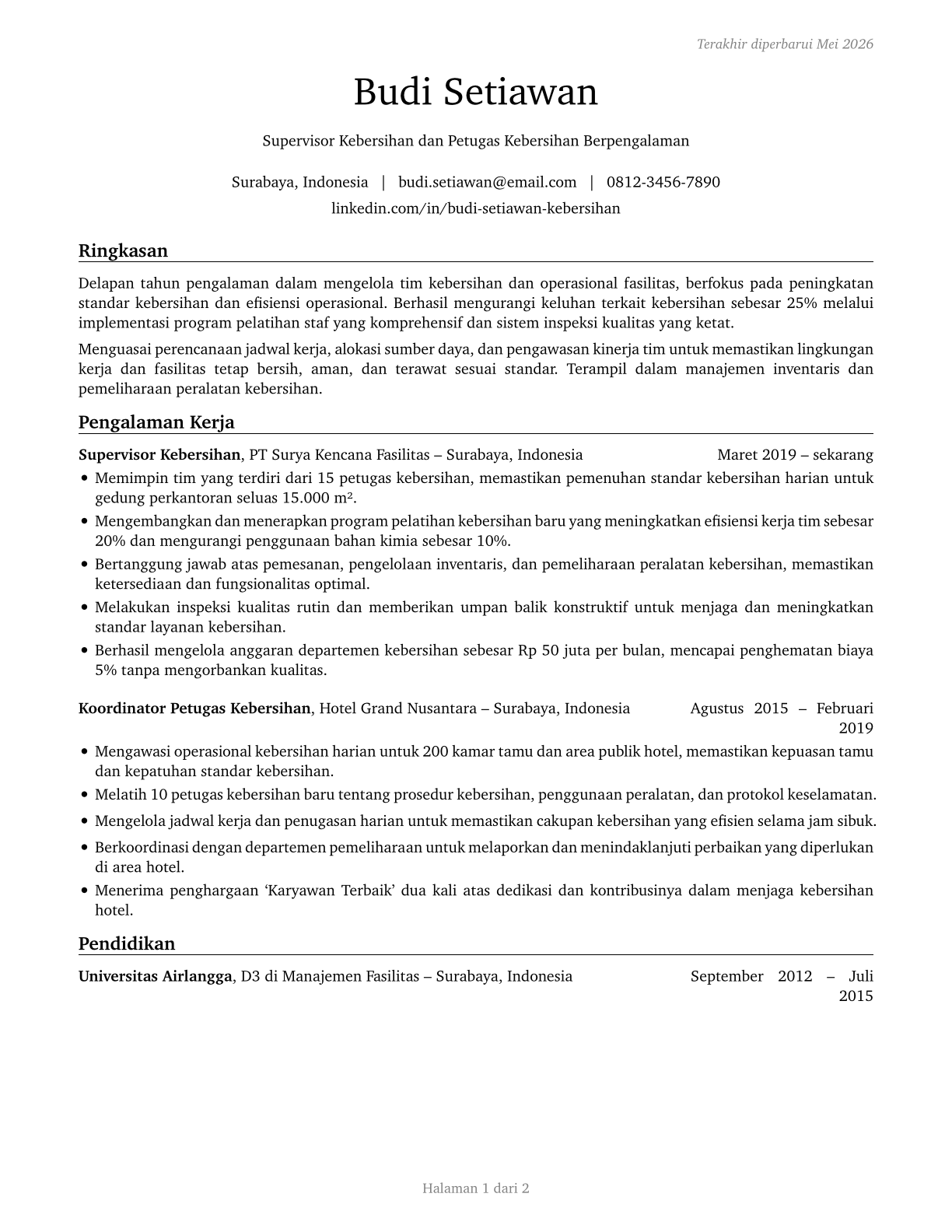 First-Line Supervisors of Housekeeping and Janitorial Workers CV in Indonesian — page 1