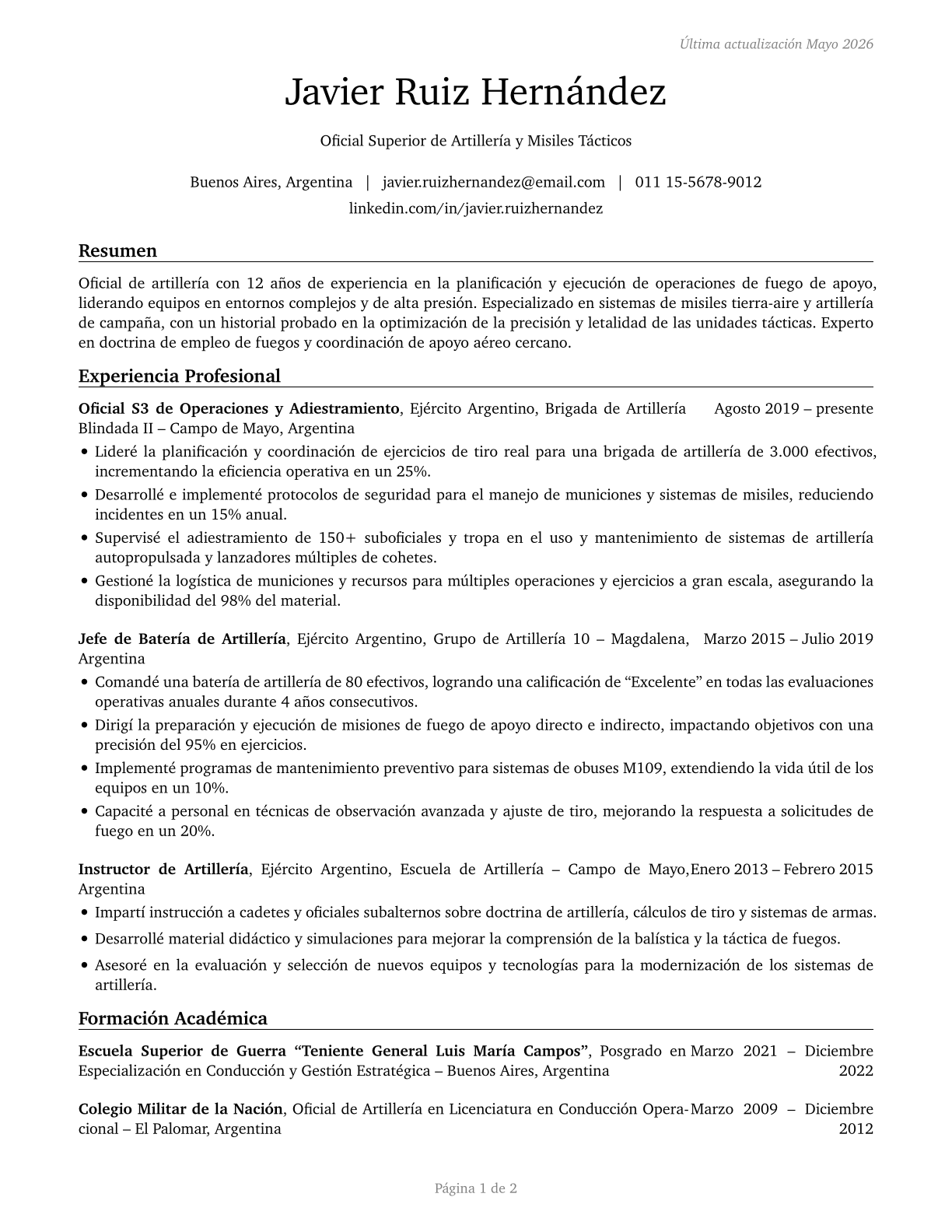 Artillery and Missile Officers CV in Spanish — page 1