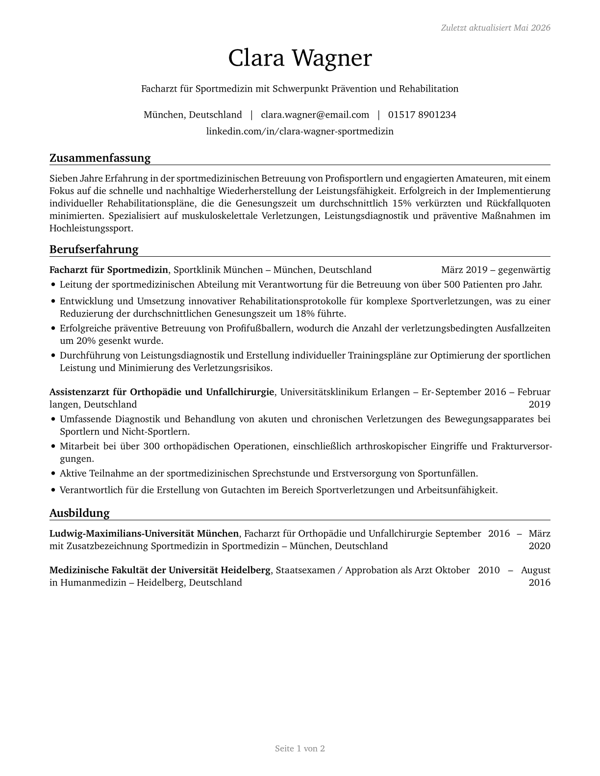Sports Medicine Physicians CV in German — page 1