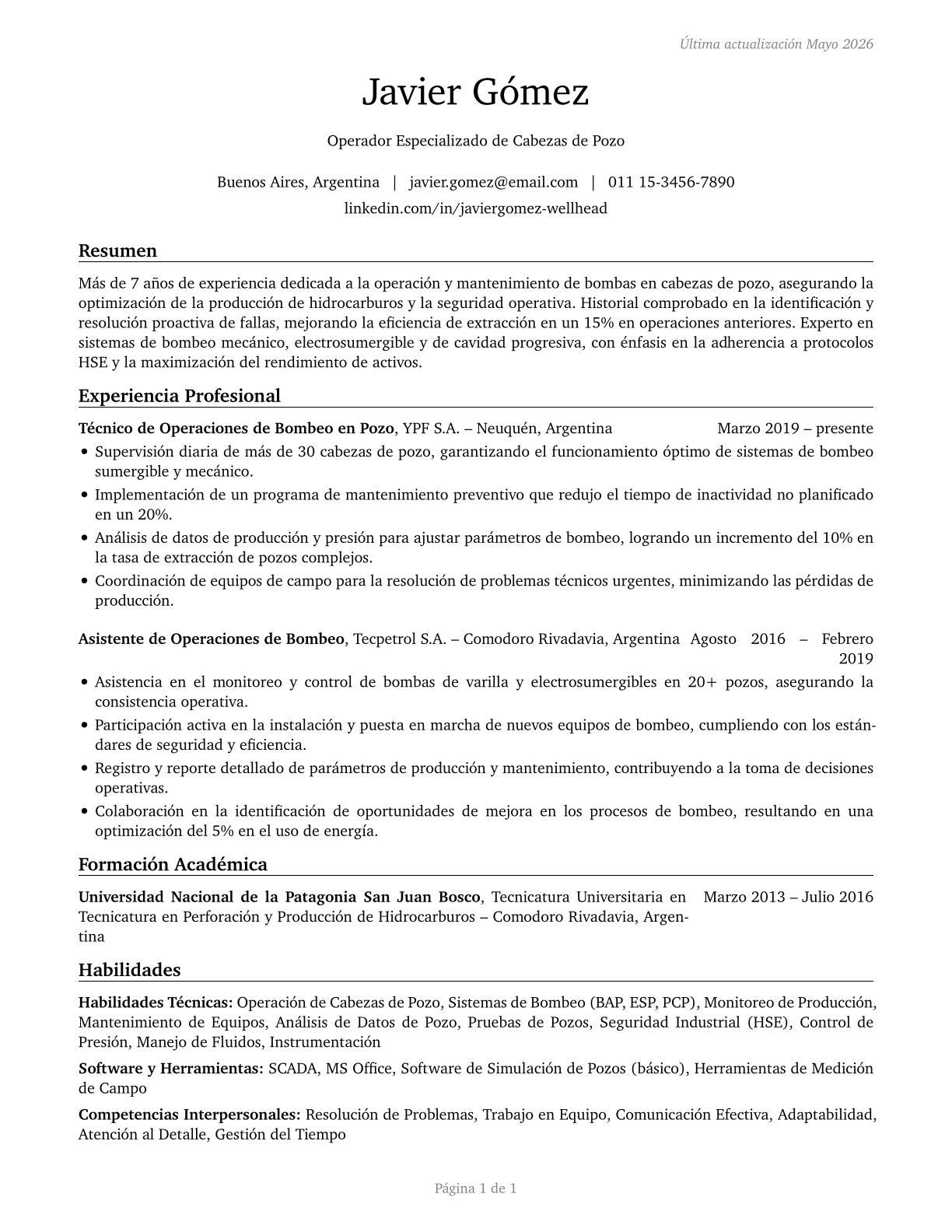Wellhead Pumpers CV in Spanish — page 1