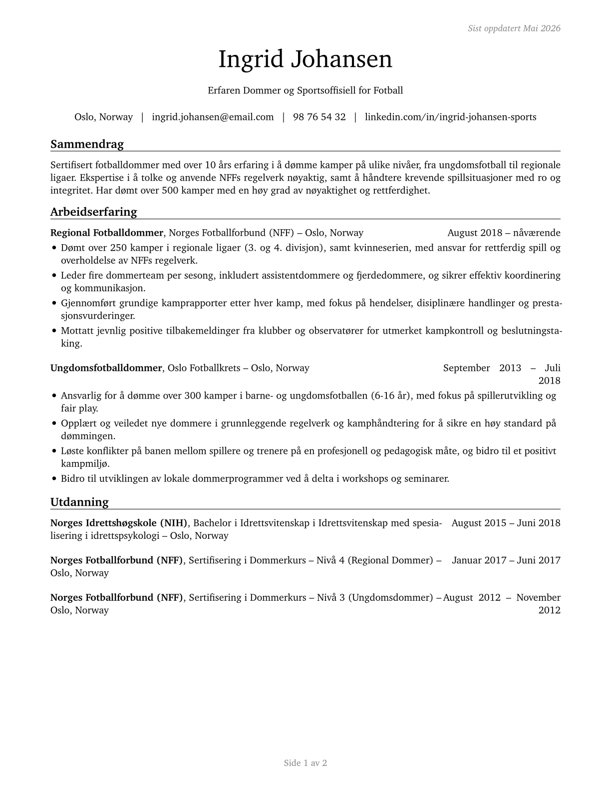 Umpires, Referees, and Other Sports Officials CV in Norwegian_bokmal — page 1
