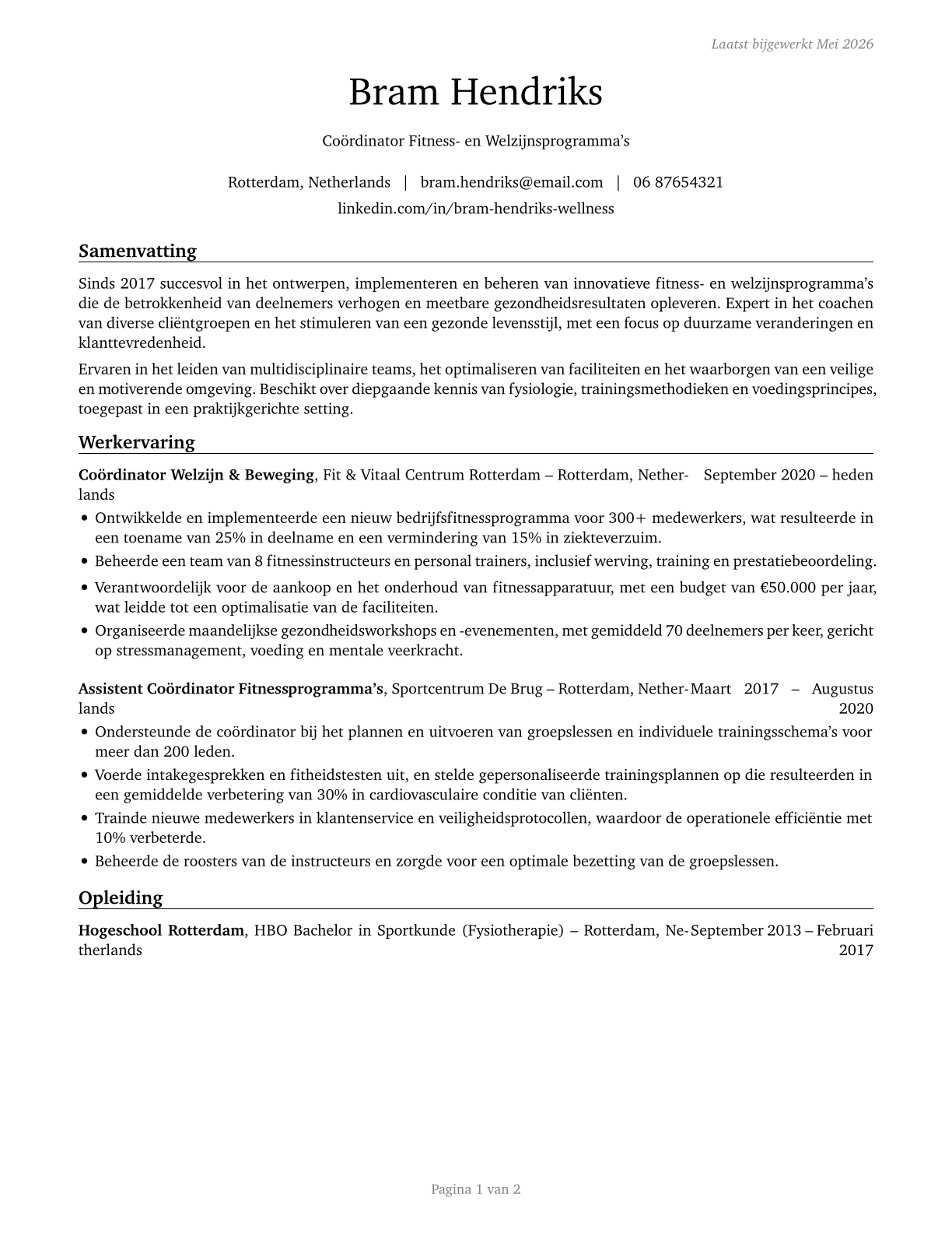Fitness and Wellness Coordinators CV in Dutch — page 1