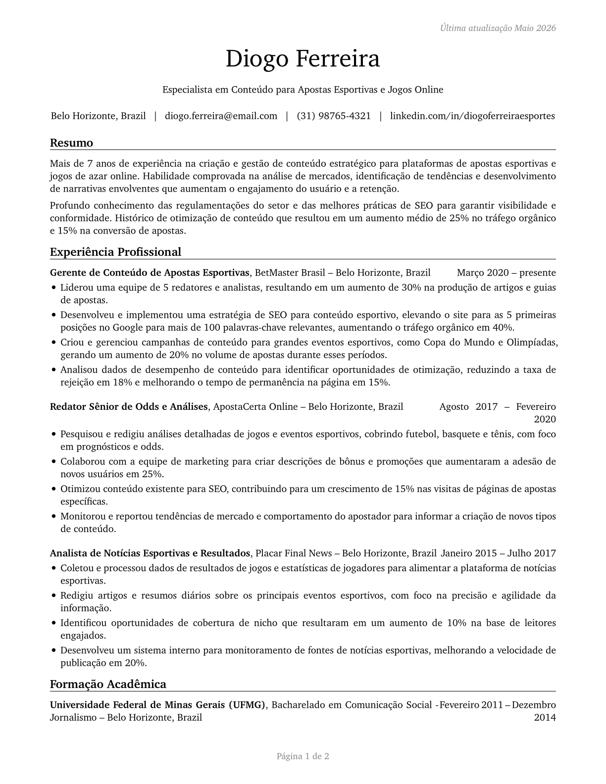 Gambling and Sports Book Writers and Runners CV in Portuguese — page 1