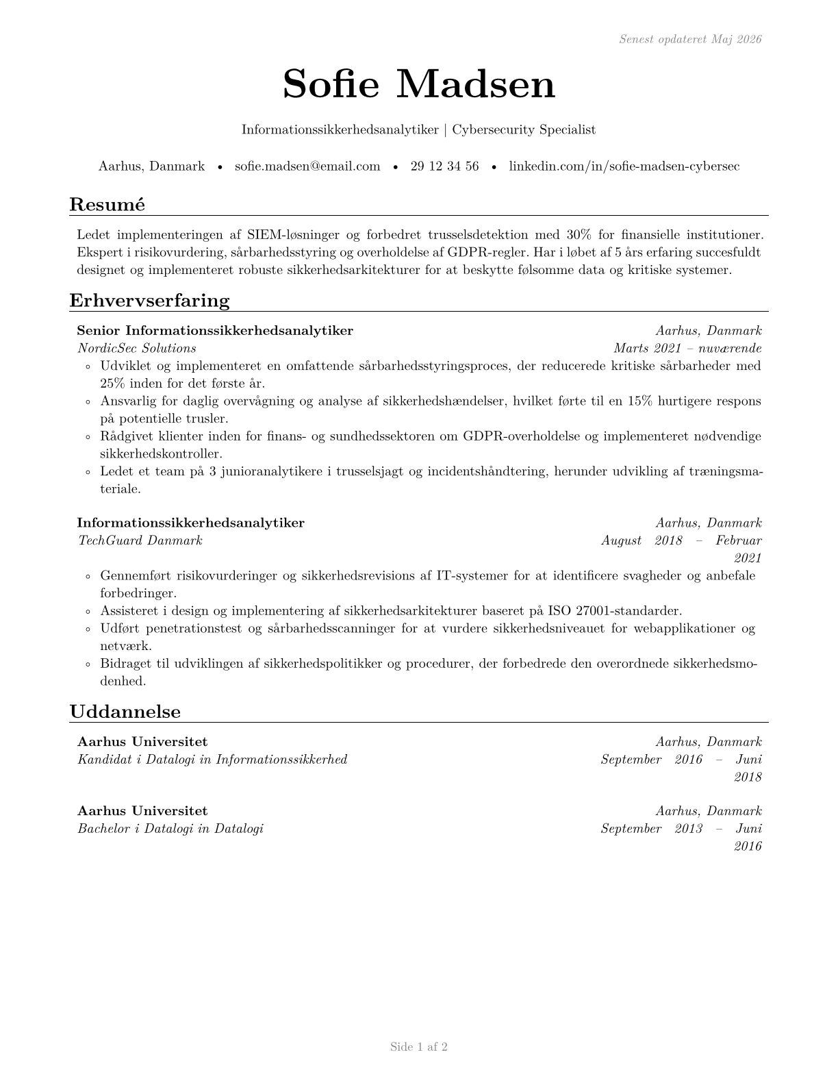 Information Security Analysts CV in Danish — page 1