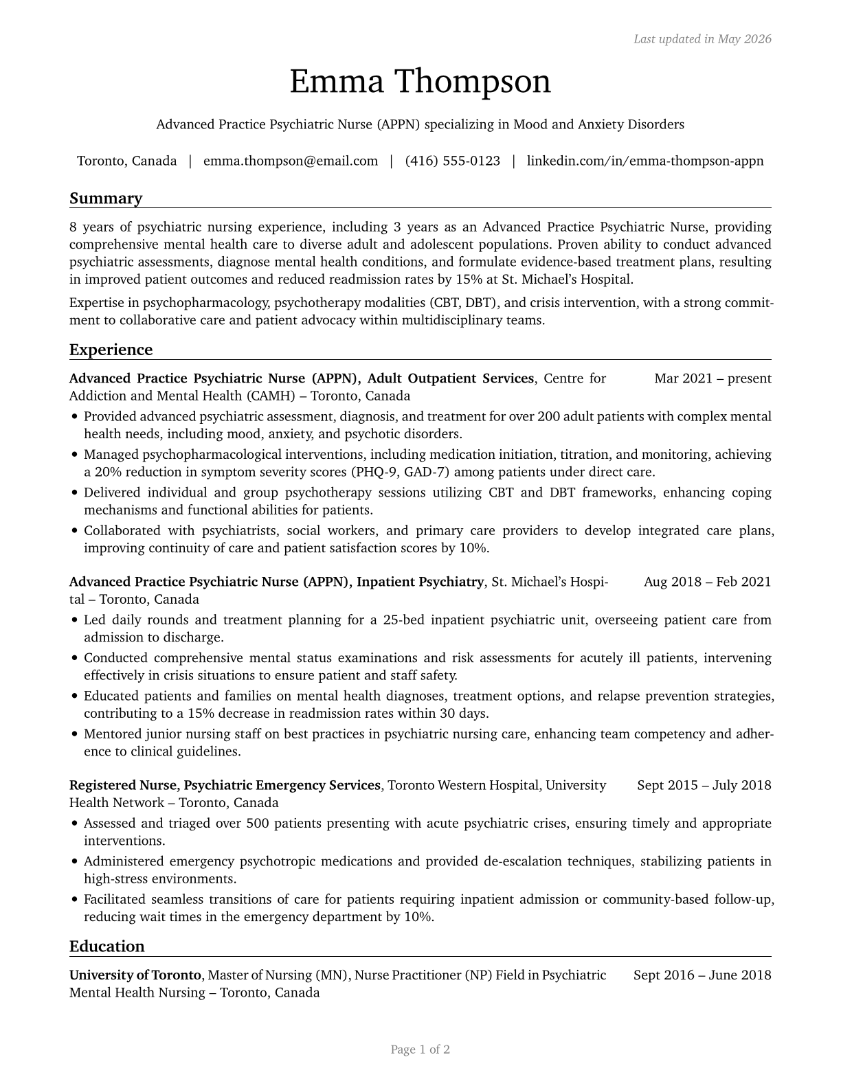 Advanced Practice Psychiatric Nurses CV in English — page 1