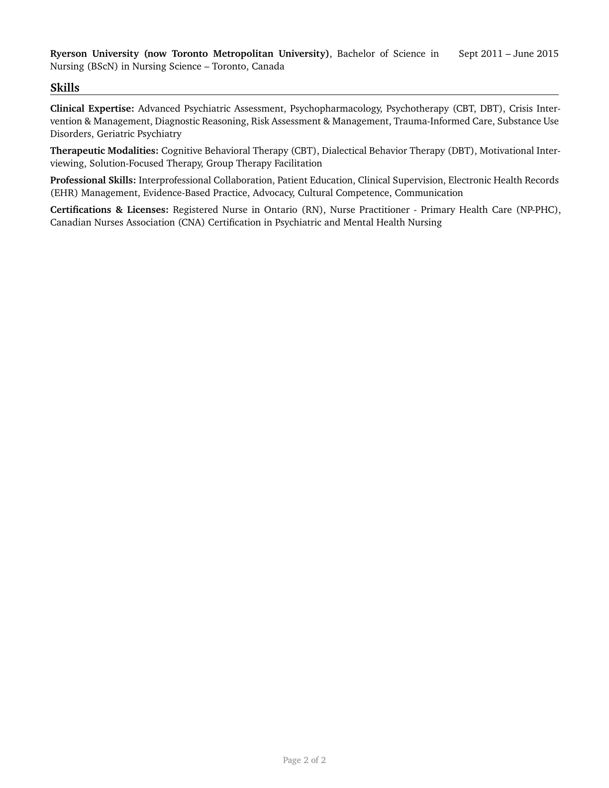 Advanced Practice Psychiatric Nurses CV in English — page 2