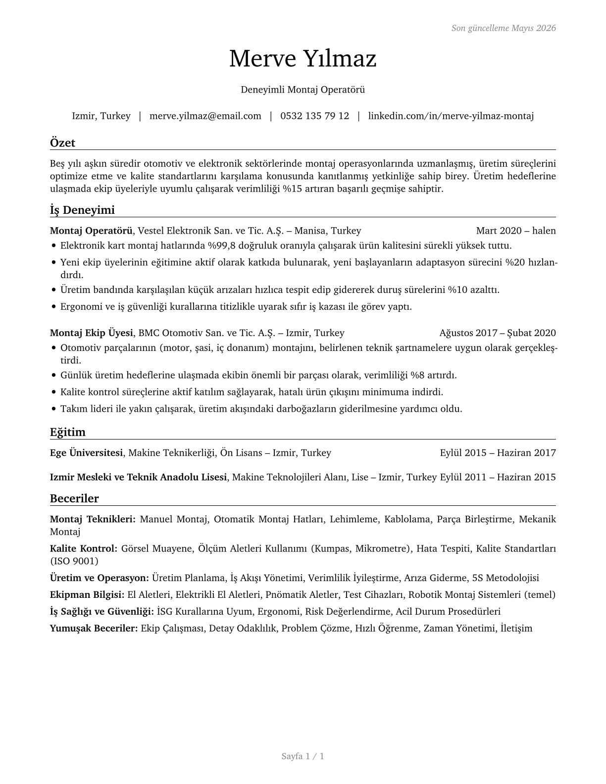 Team Assemblers CV in Turkish — page 1