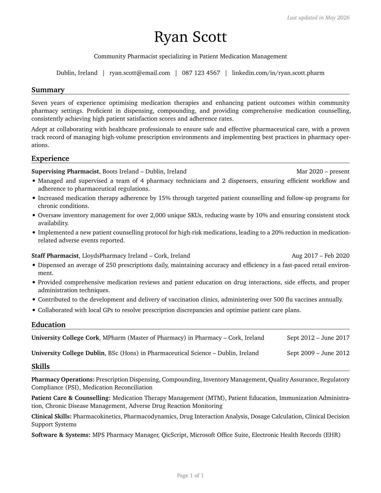 Pharmacists CV in English — page 1