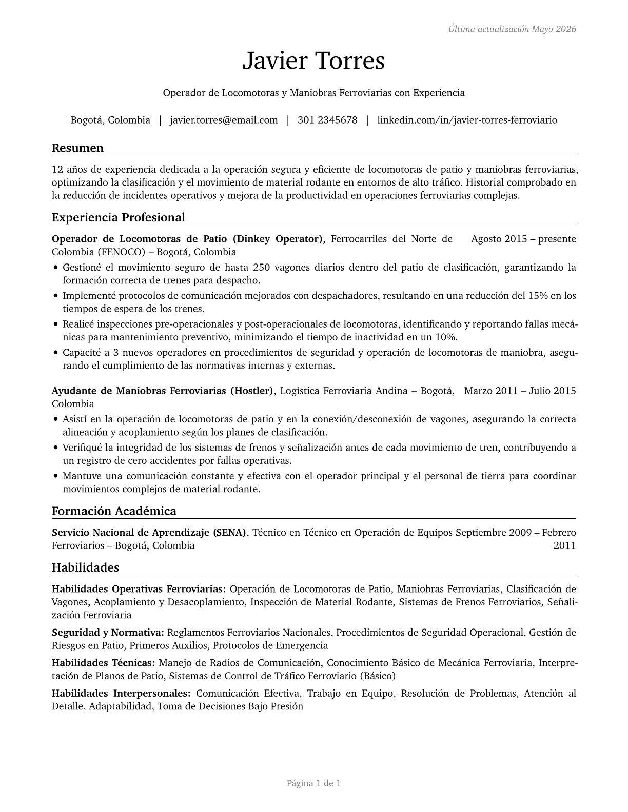 Rail Yard Engineers, Dinkey Operators, and Hostlers CV in Spanish — page 1