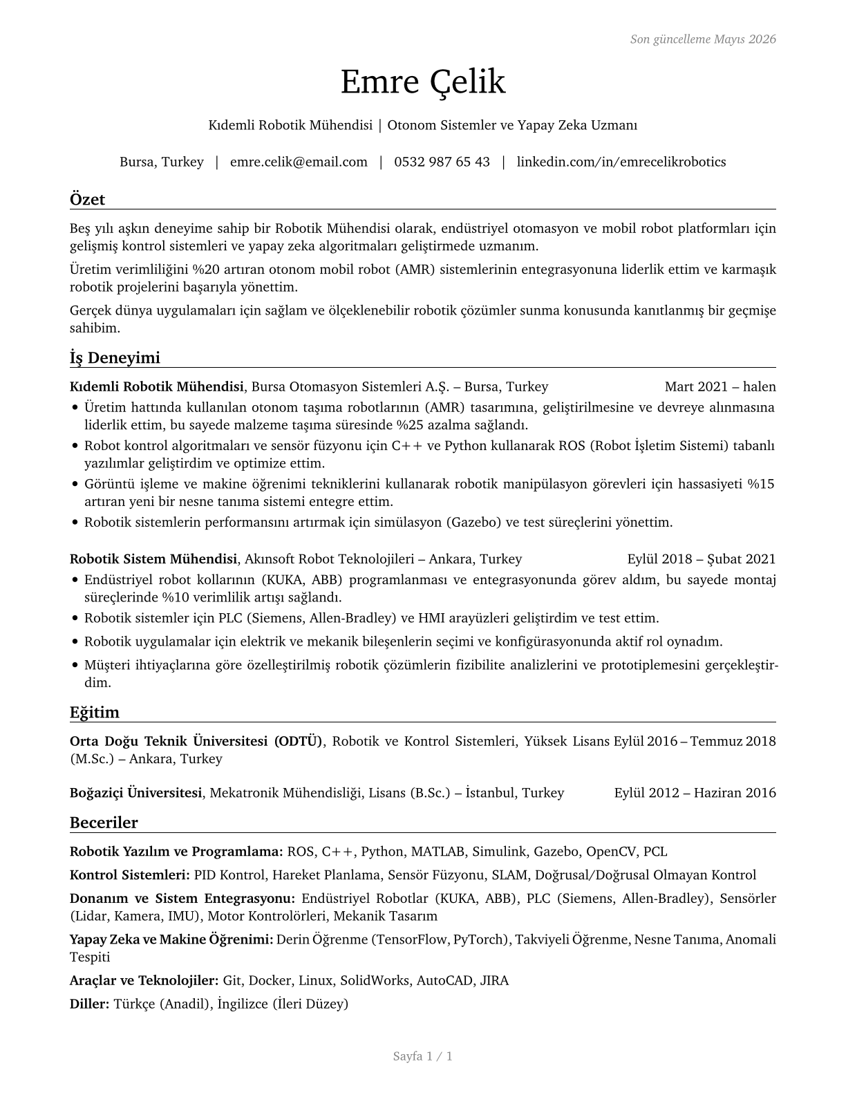 Robotics Engineers CV in Turkish — page 1