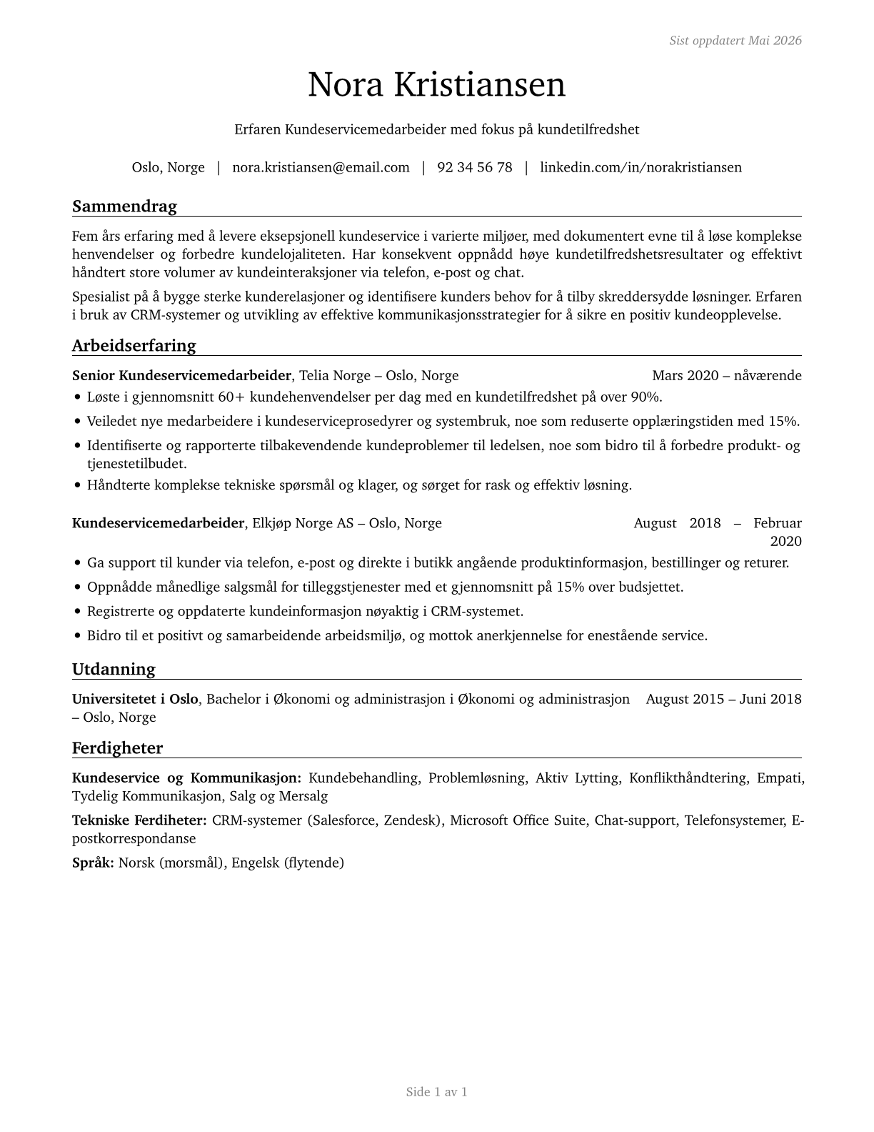 Customer Service Representatives CV in Norwegian_bokmal — page 1